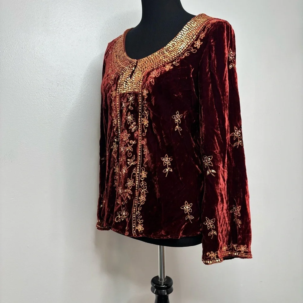 Eci New York Velvet Sequin Embellished Top Size 8 Wine Boho - Picture 2 of 13